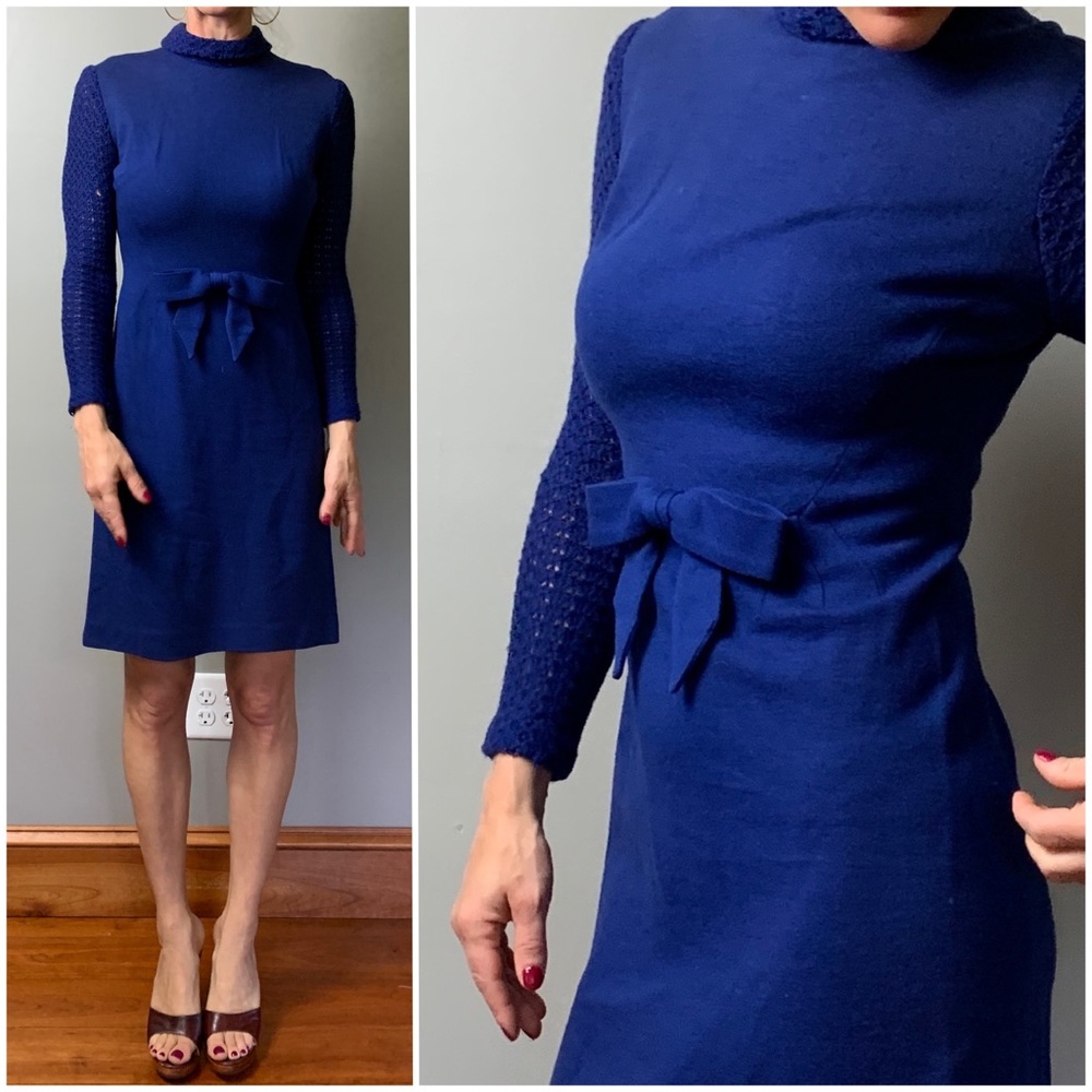 Vintage 60s Wool Knit Pointelle Mod Sweater Dress